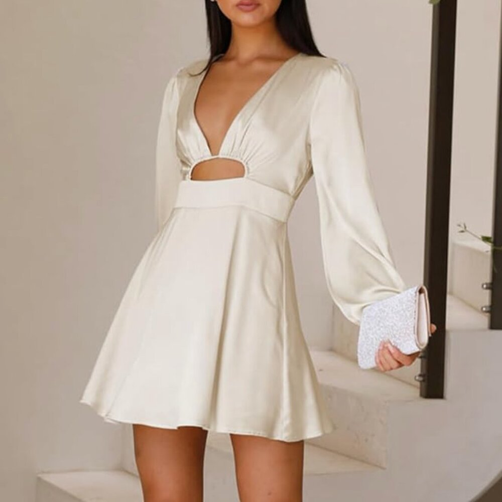 Women's Dress Satin Deep V-Neck Long Sleeve Mini Dress Silk Lantern Sleeve A-Lin